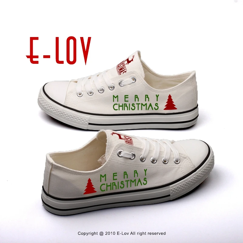 

E-LOV New Arrival Christmas Design Canvas Shoes Custom Print Merry Christmas Low Top Casual Flat Shoes Unisex