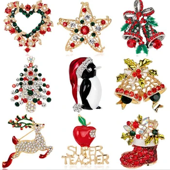 

10pcs Santa Claus Reindeer Sleigh Christmas Tree Boots Snowman Bell Crystal Rhinestone Brooch Pin Kids Gift X'mas Decoration