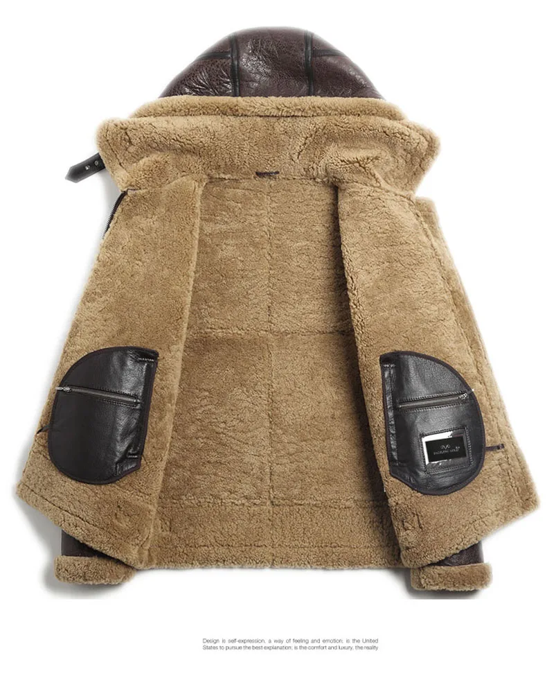 Настоящая Австралийская овчина, Мужское пальто, натуральная кожа, шерстяная куртка с шапкой для мужчин, мотоциклетная одежда, Толстая теплая зимняя одежда