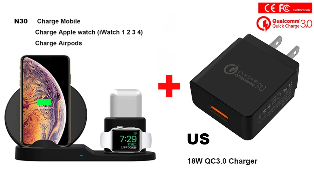 3 в 1 7,5 Вт Беспроводное зарядное устройство для Apple Watch iWatch 1 2 3 4 Airpods iPhone 8 Plus X XR XS MAX быстрая Беспроводная зарядная подставка QI - Тип штекера: add qc3.0 adapter US