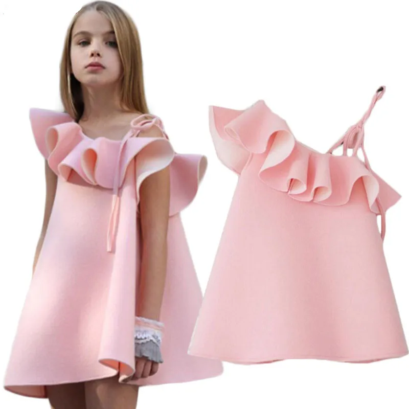

2018 Summer baby girls single shoulder flounce cotton dress nice princess lace bow dress high quality party clothes 18M06