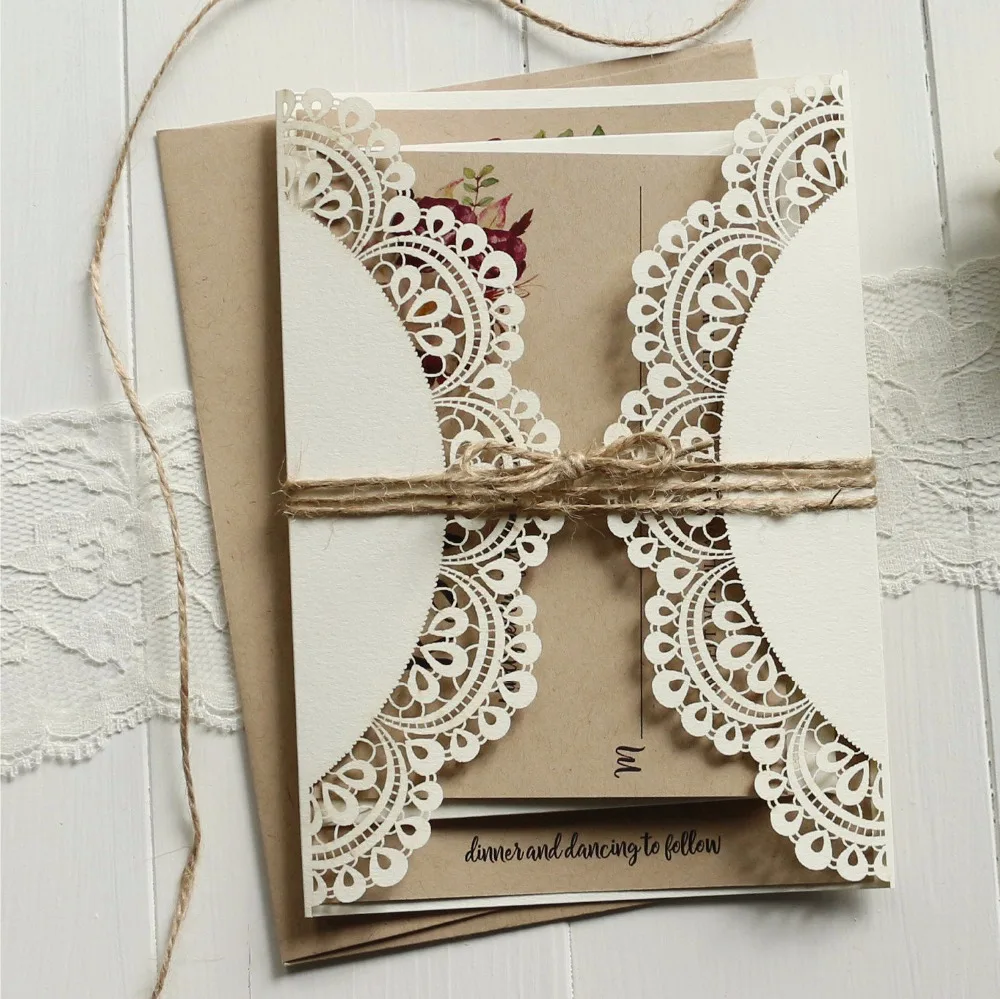  Off White Lace Wedding Invitations Set RSVP Cards Included Rustic Kraft Paper Invitation Cards - Se - 32857479886