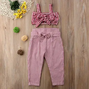 

Sleeveless Princess Plaid Crop Top Vest Pants Plaid Bow Cotton Casual Outfits Girls Clothing 2-7T Kids Baby Girl Clothes Set