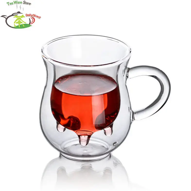 

1x 250ml Glass Double Wall Creative Cow Milk Cup Mug With Handle Cow Udder Style Creamer Pitcher Double-Walled Jug