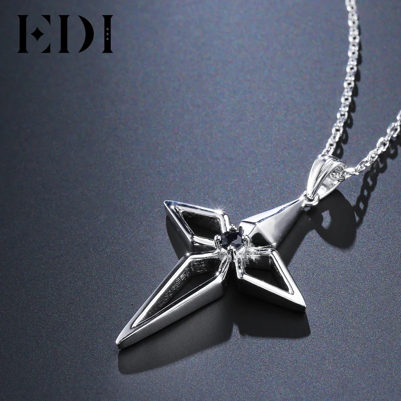 EDI Genuine Cross Natural Black Sapphire Gemstone 925 Sterling Silver Female Pendant