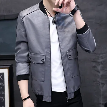 

2020 spring new men's leather jacket tide stand collar baseball collar leather jacket youth short PU leather clothing