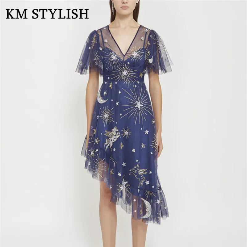 High-end custom Thailand Tide brand sweet dream Pegasus Star bronzing irregular V-neck short-sleeved dress | Женская одежда