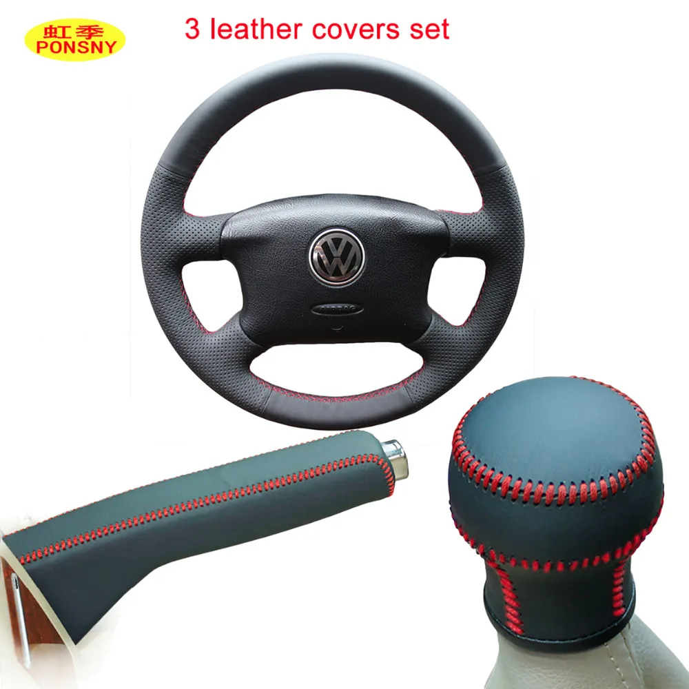 PONSNY Car Manual Shift Gear/Handbrake/Steering Gnuine Leather Covers Case for Volkswagen VW Passat B5 Hand-stitched Cover PONSNY Car Manual Shift Gear/Handbrake/Steering Gnuine Leather Covers Case for Volkswagen VW Passat B5 Hand-stitched Cover