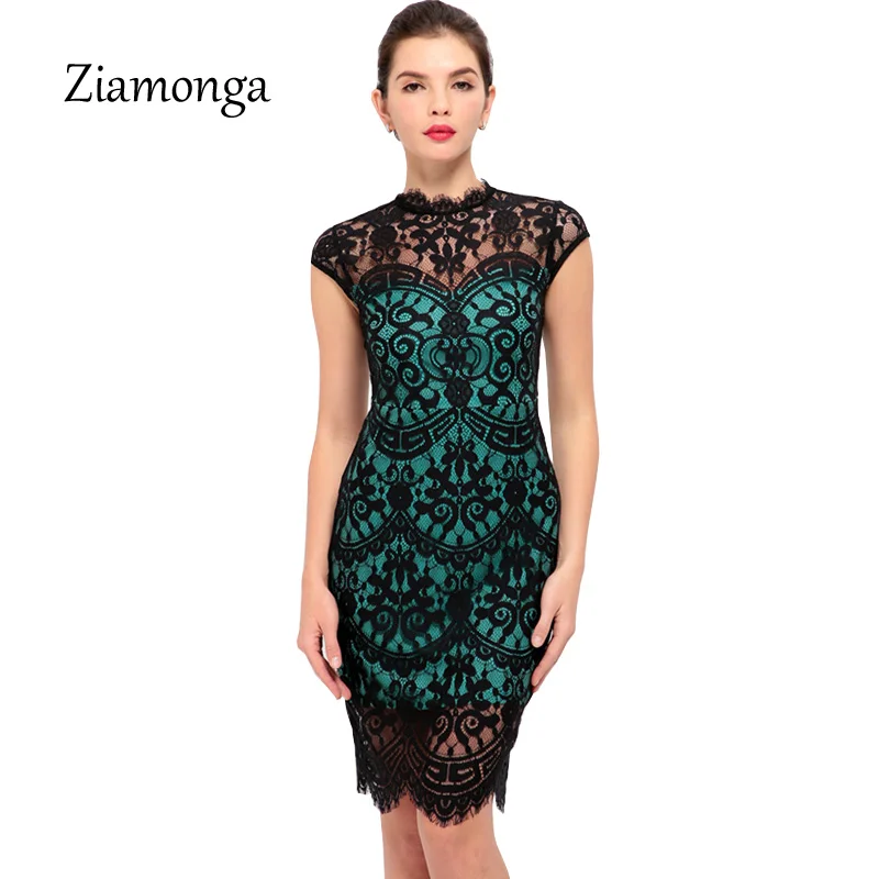 

Ziamonga Women Work Wear Office Dress Summer Short Sleeve Knee Length Floral Lace Dress Vestido De Renda Female Bandage Dress