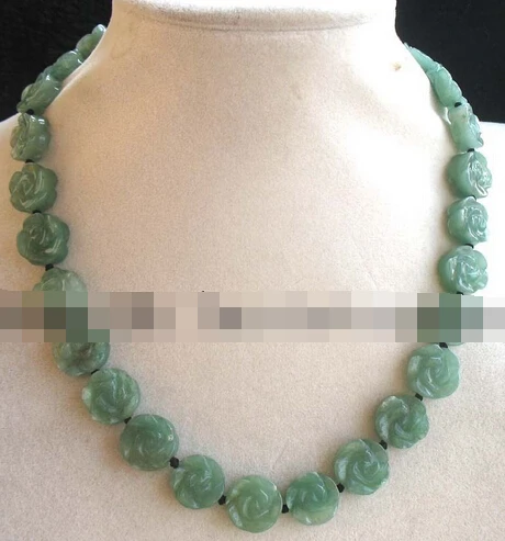 

ddh003804 wholesale green jade carved flower shape 14mm necklace 17" nature handmade