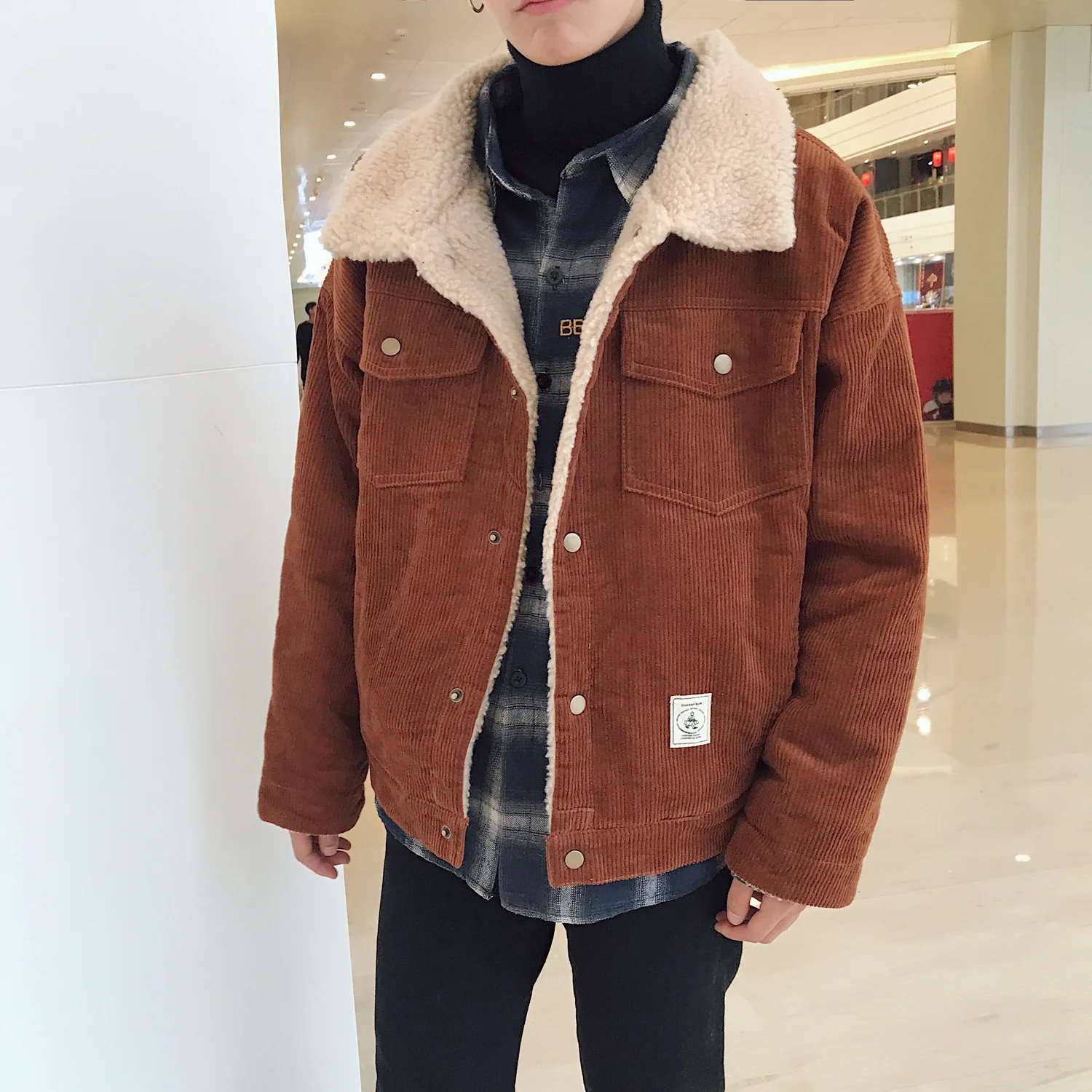 

Men jacket thickening plus Fleece lamb wool coat Casual Cotton Korean Slim Outwear Trendy Male Cowboy Clothes