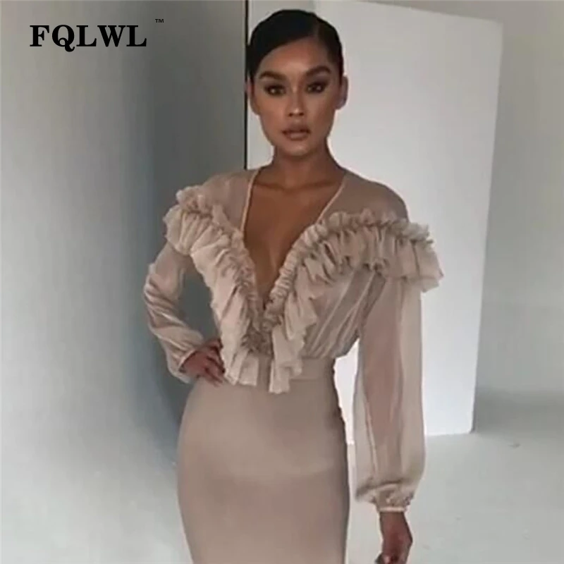 FQLWL شفافة الكشكشة طويلة الأكمام شبكة مثير ارتداءها النساء بذلة العميق V الرقبة انظر من خلال Bodycon الأسود السيدات ارتداءها FQLWL شفافة الكشكشة طويلة الأكمام شبكة مثير ارتداءها النساء بذلة العميق V الرقبة انظر من خلال Bodycon الأسود السيدات ارتداءها