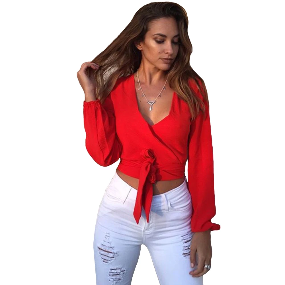 Anself Fashion Women Blouse Tie-Back Deep V Neck Long Sleeve Blusa Feminina Sexy Cutout Shirt Crop Top 2018 White/Yellow/Black