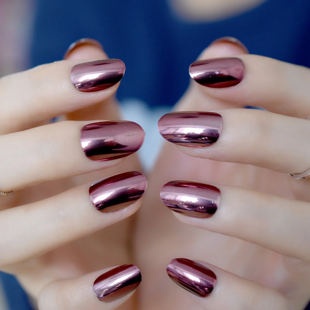 

Mirror Design Kit Nails Chocolate Coffee Medium Round Full Cover Metallic Fake Nail Art Tips Easy DIY Salon Product N22