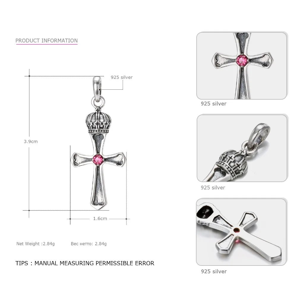 e-Manco 925 Sterling Silver Cross Necklaces Gothic Punk Rose Glass Crown Pendants Wholesale New Arrival Best Gift