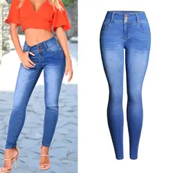 QMGOOD уличный стиль плюс размер обтягивающие джинсы женские синие с высокой талией джинсовые брюки 2019 однотонные потертые Тонкие Джинсы