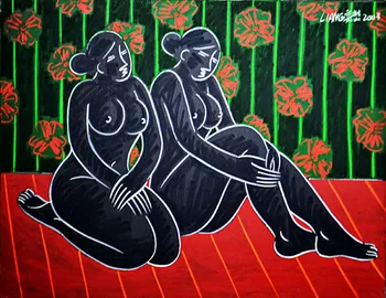 

Modern handmade painting black woman sitting on the bed on oil canvas for living room decor and wallpaper