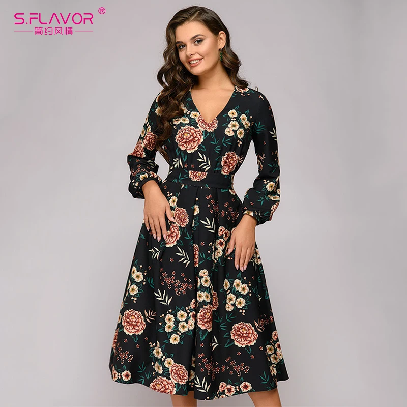 

S. FLAVOR Fashion Dresses Spring Summer Vestidoseeve Printed A-line Dress For Women 2019 Newest Bow collar Elegant Party
