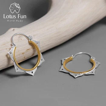 Lotus Fun Real 925 Sterling Silver Natural Creative Handmade Fine Jewelry Minimalist Lotus Flower Hoop Earrings for Women