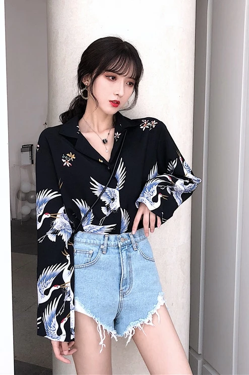  Crane Printed Blouse Vintage Long Sleeve Women Blouse Plus Size Black Chic Shirt Femme Loose Retro 