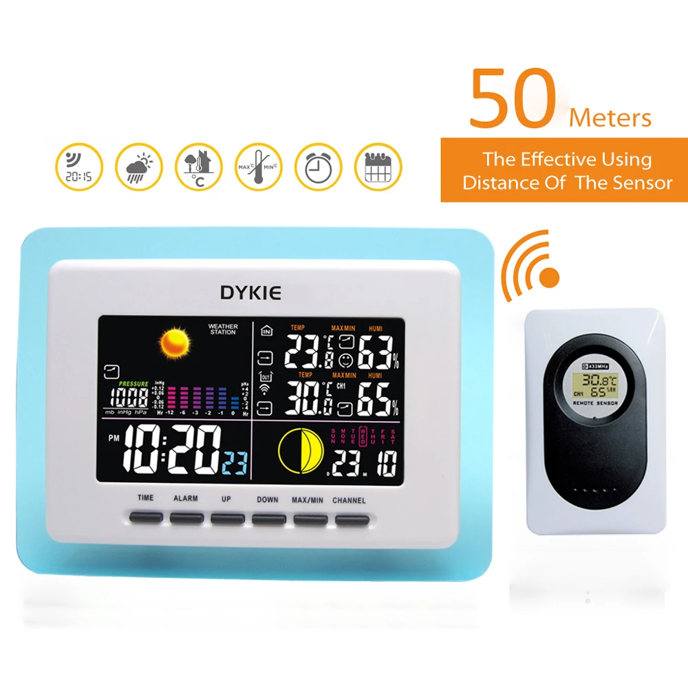 

DYKIE Digital Wireless Weather Station Blue Transparent Frame Backlight Double Alarm Clock Temperature Humidity Transmitter
