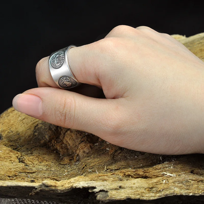 999 Pure Silver Mens Rings Carving Sutra Chinese Mythical Four Animals Dragon Tiger Tortoise Bird Prayer Healing Jewelry
