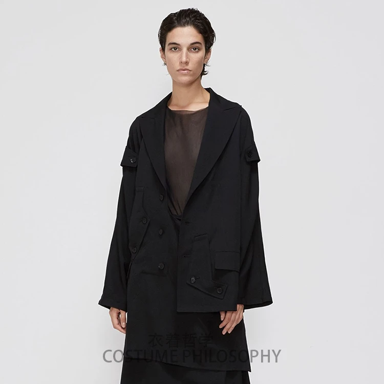 

S-6XL!!Homemade men's trench coat with asymmetrical irregular dark tone.