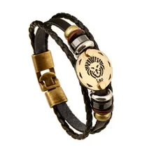 Fashion Bronze Buckles 12 Constellation Leo Bracelet Punk Leather Bracelets Wooden Bead Jewelry For Men Women Charm B02