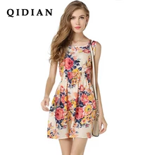 Qi Dian 2018 verano tamaño vestido Vest vestido mujeres impreso vestidos de fiesta vestido sin mangas atractivo del vestido de la gasa floral X33