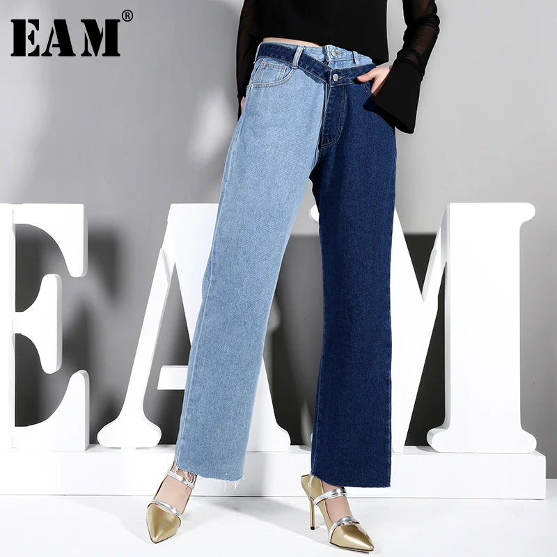 

[EAM] 2019 New Autumn Winter High Waist Blue Hit Color Two Piece Stitch Pencil Pants Women Jeans Trousers Fashion Tide SC08