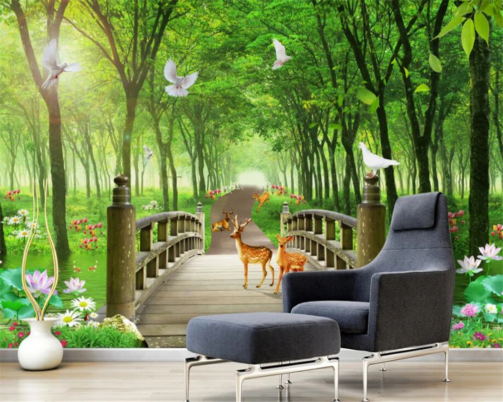 

wallpapers for living room Modern green lotus tree forest landscape background wall wallpaper mural wall sticker Beibehang
