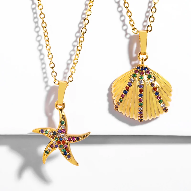 

Big Starfish Conch Shell Pendant Statement Necklaces Micro Pave Colorful Zirconia For Women Gold Choker Sea Style Jewelry nke-33