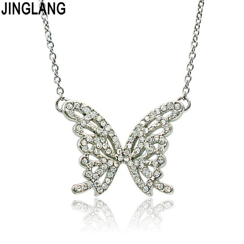 

JINGLANG Free Shipping Fashion Pendants Necklace White Rhinestone Butterfly Charms Necklace For Women Jewelry
