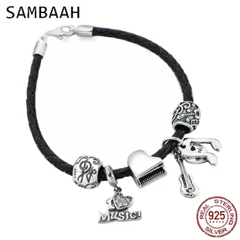 

Sambaah 3mm Chain Italian Braided Leather Bracelet with 925 Sterling Silver Muiscal Note Charms for European Basic Bracelet