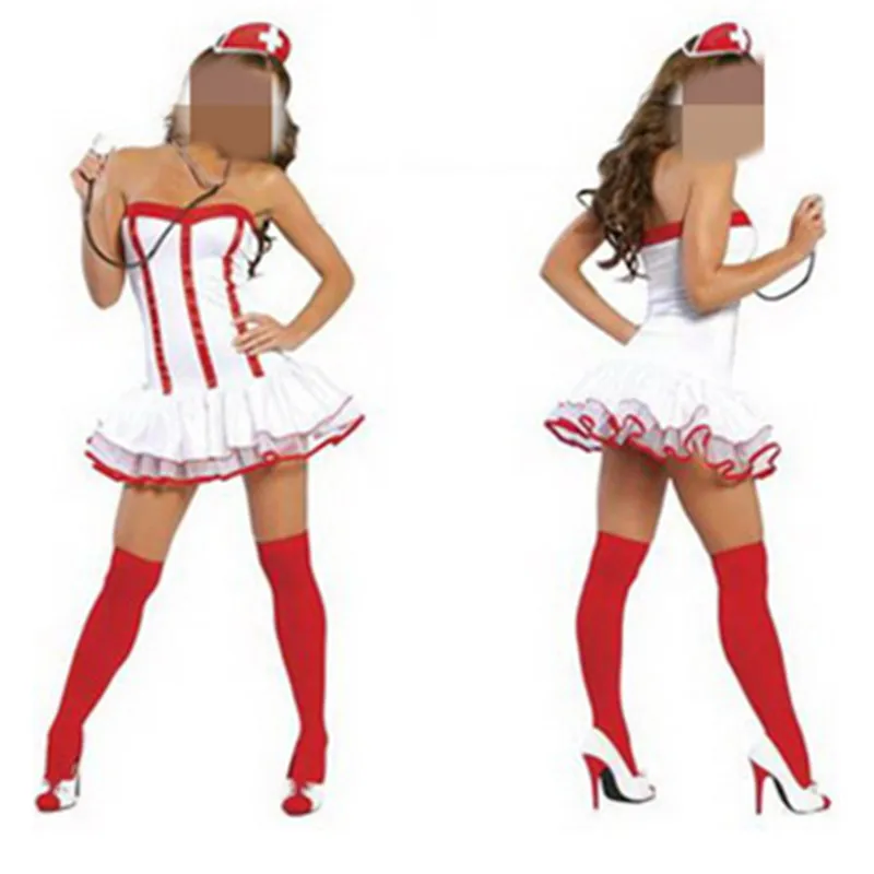 

Sexy Lingerie Hot Babydoll White Uniform Temperament European American Style Erotic Nurse Costumes Strapless Striped Dress