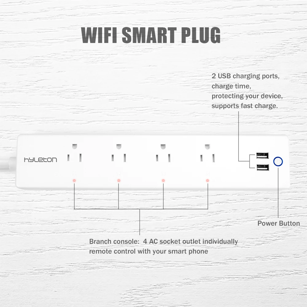 Hyleton wifi USB силовая полоса smart US plug Переключатель перегрузки защита от перенапряжения 4 розетки 2 порта USB зарядное устройство 2 м 15A Wi-Fi розетка