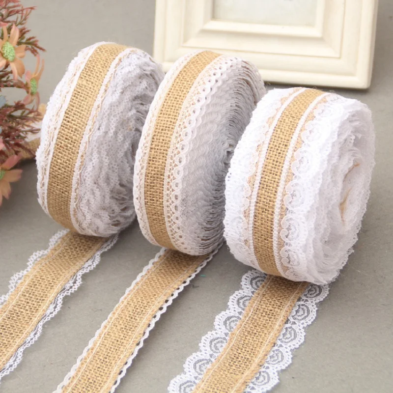 2Meter/Lot 25mm Natural Jute Burlap Hessian Lace Ribbon with White Lace Trim Edge Rustic Vintage Wedding Centerpieces Decor