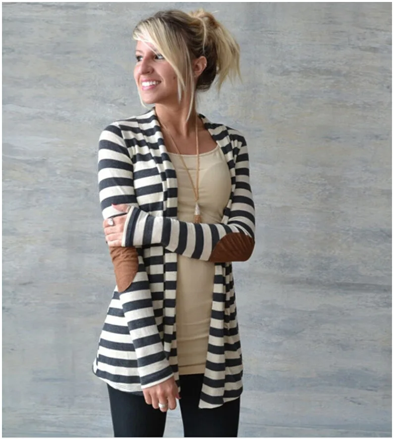 

2019 spring, summer, autumn and winter slim long-sleeved striped arm patch cardigan cotton bomber jacket long coat coat women