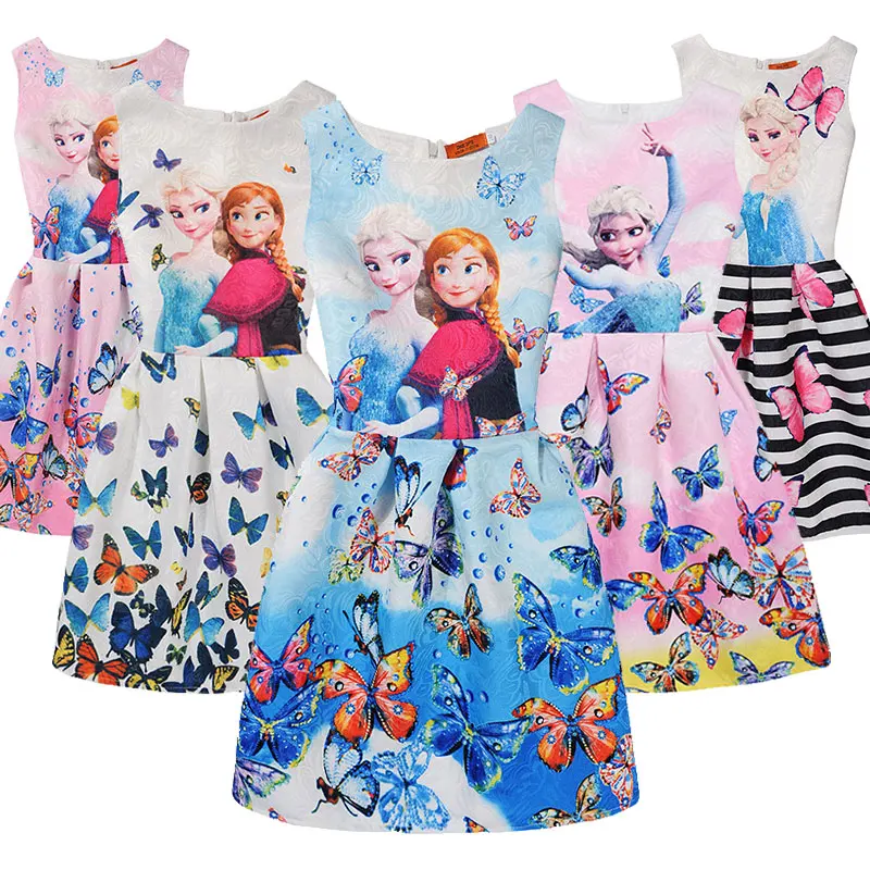 Летнее платье для девочек платье Эльзы и Анны праздничное платье принцессы для девочек-подростков одежда для маленьких девочек с принтом бабочки