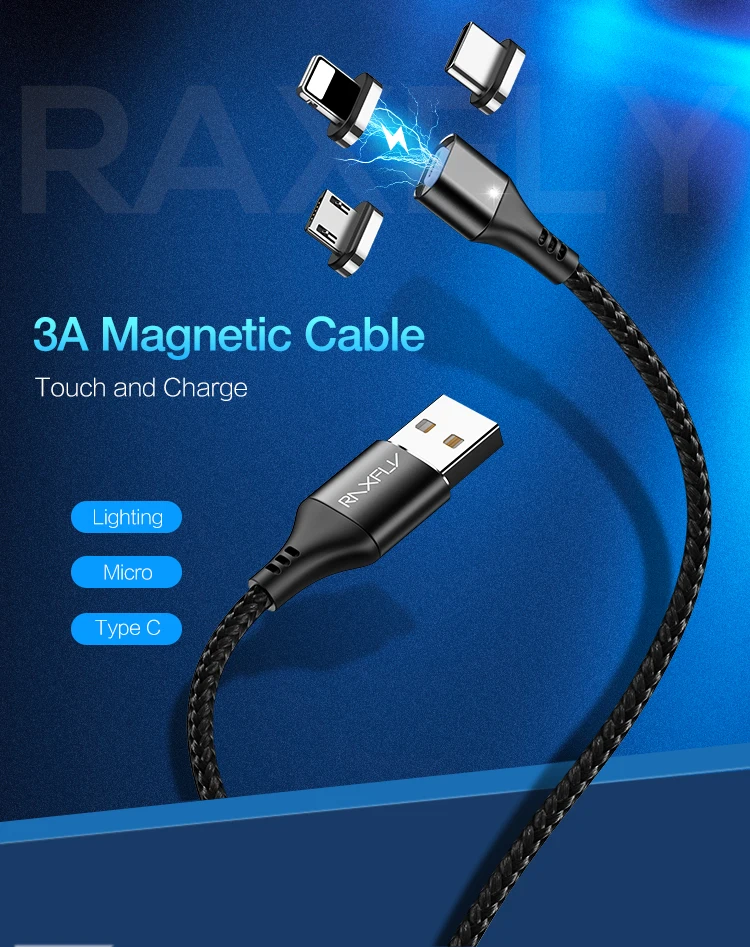 RAXFLY Магнитный usb кабель для зарядки 3A провод для быстрого заряда Micro usb type C кабель для samsung S9 нейлоновое магнитное зарядное устройство для iPhone