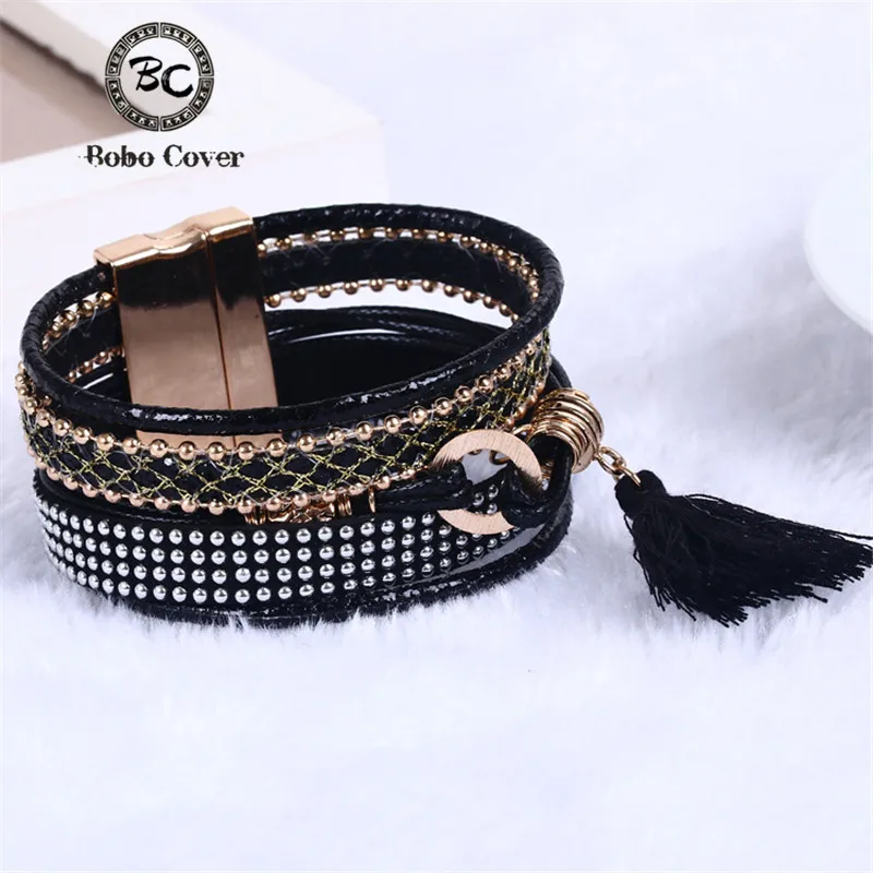 

Bobo Cover New Women Shine Crystal tassel Multilayer Leather bracelet Wide Magnetic bracelets & bangles Bohemia Style Jewelry