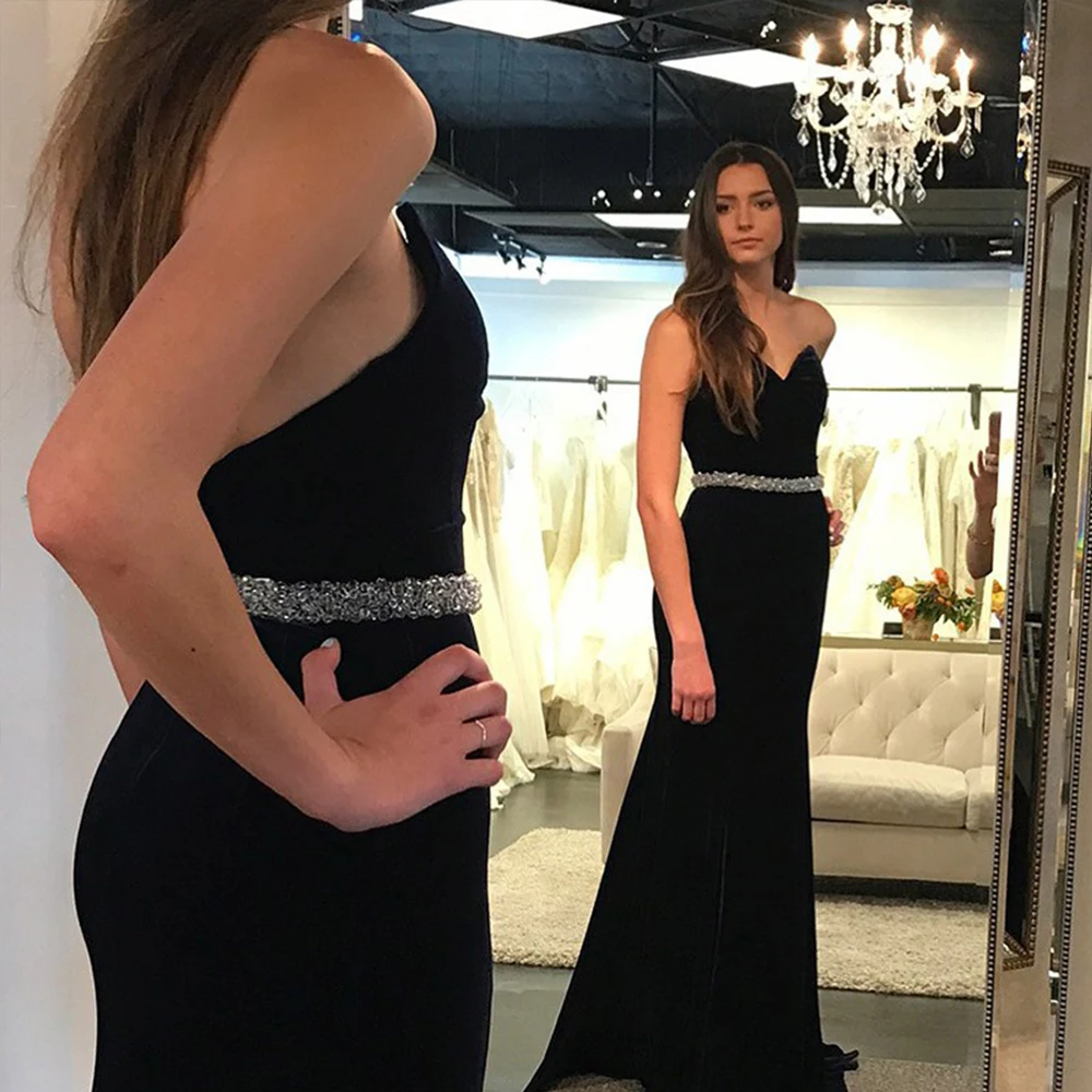 

Bbonlinedress Elegant Mermaid Evening Gowns Long Dress Evening 2019 Sweep Train Black Prom Dress with Beading Waistband