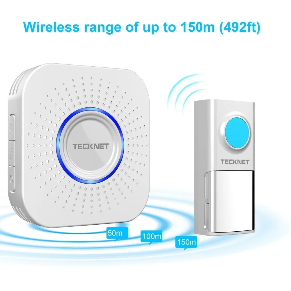TeckNet Wireless Doorbells Cordless 150M Door Chime Bell Kit IP55 Waterproof with LED Indicator 58 Chimes Melodies EU/UK Plug TeckNet Wireless Doorbells Cordless 150M Door Chime Bell Kit IP55 Waterproof with LED Indicator 58 Chimes Melodies EU/UK Plug