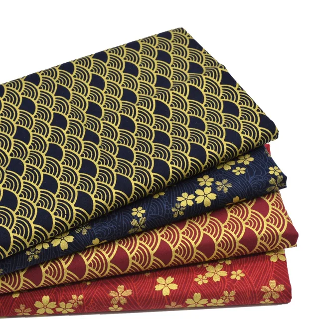Japanese Cherry Blossom Wave Cotton Fabric Meter Retro Wash Gold