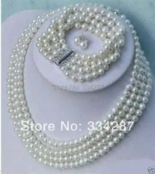 

4 Rows 6-7mm white pearl Bracelet Necklace earring sets