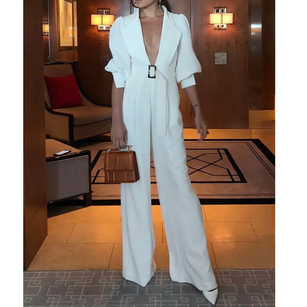 

Feitong Vintage Womens Long Jumpsuits Ladies Fashion Solid Color V Neck Rompers Three Quarter Casual Wide Leg Pants Jumpsuit