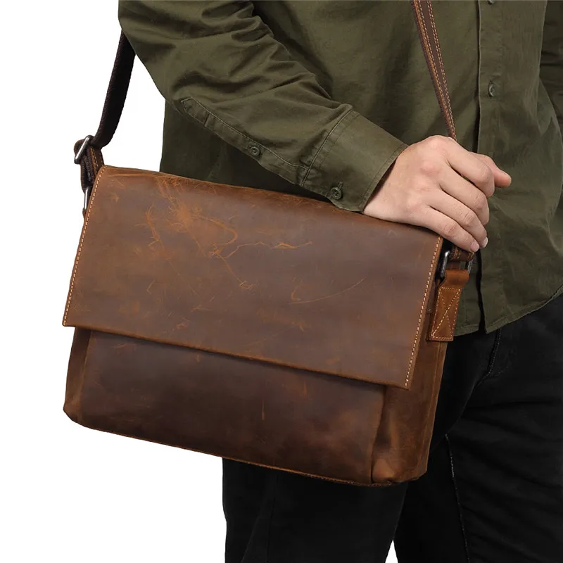 

Nesitu High Quality Vintage Brown Thick Real Skin Genuine Crazy Horse Leather Men Messenger Bags Male Man Shoulder Bag M96