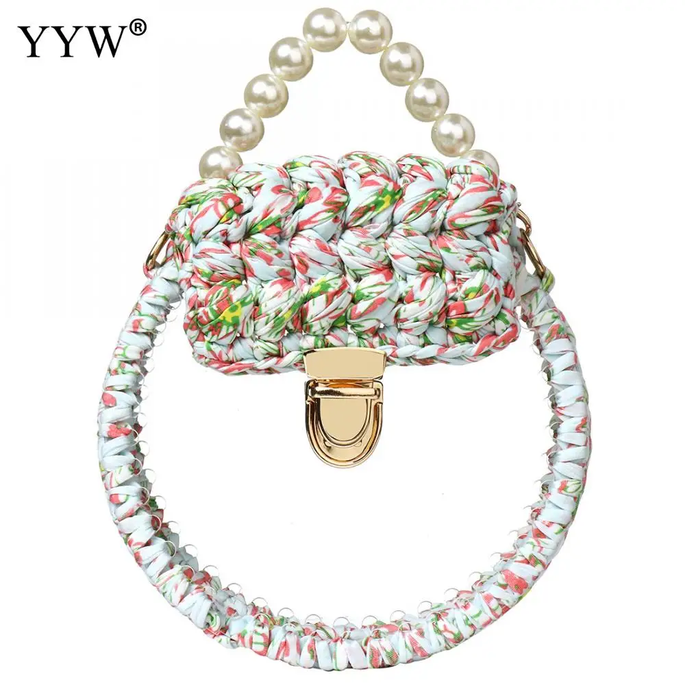 Plastic Pearl Handle Clear Tote Bag Chain Women Messenger Bag 2019 Weave Transparent Small Round Handbag Cute Lock Shoulder Bag 