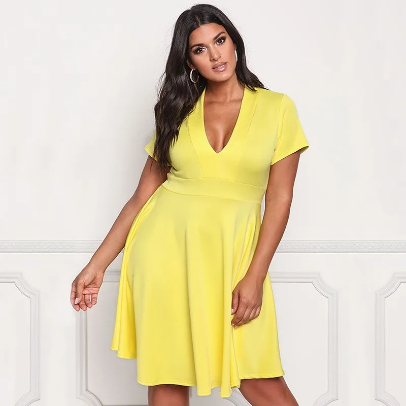 Women Plus Size V Neck Dress 2018 Summer Autumn Sexy Yellow Black