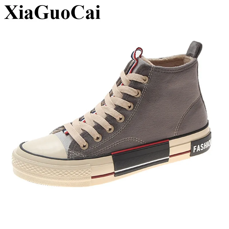 Women High Top Canvas Shoes Winter Warm Fleeces Lace up Cotton Shoes Fashion Solid Student